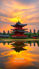 Fototapeta premium nyepi day of silence background illustration with temple sunset