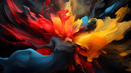 Explosive swirl of paint of gold and red color erupting into a black paint
