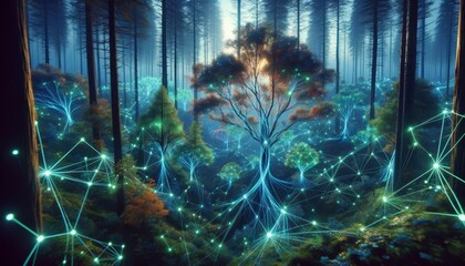 A network of trees interconnected with glowing lines, symbolizing a natural network or the interconnectedness of nature.