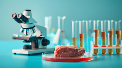 Synthetic meat in a Petri dish is artificial meat. The concept of meat grown in the laboratory. - obrazy, fototapety, plakaty