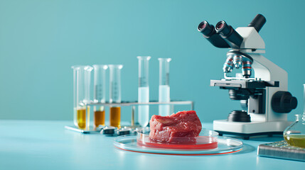 Synthetic meat in a Petri dish is artificial meat. The concept of meat grown in the laboratory. - obrazy, fototapety, plakaty