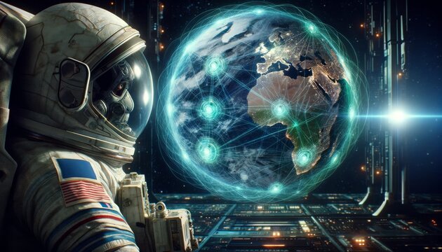An astronaut looking at a holographic earth in space, with visible interconnected networks, representing global communication from a space perspective. - Powered by Adobe