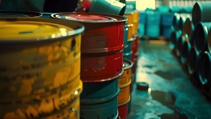 An upclose shot of a storage area filled with drums of hazardous chemical wastes highlighting the challenges of safely storing and disposing of these materials.