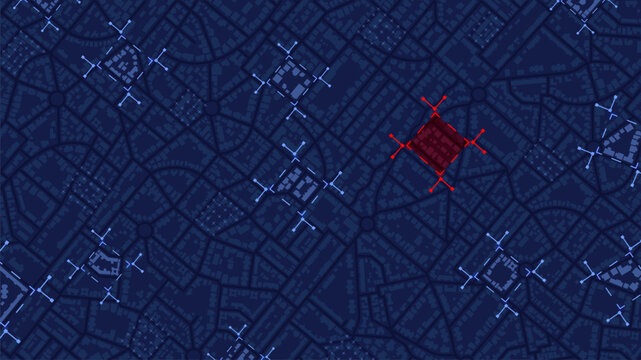 Concept of analysis, assessment of the state of city. Evaluation of various factors contribute to its overall well-being, functionality. Red highlighted commercial buildings. Vector map illustration