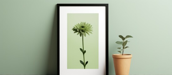 A flower in a flowerpot hangs on the wall next to a houseplant. The rectangular picture frame displays the art, creating a pleasant atmosphere with grass and terrestrial plants