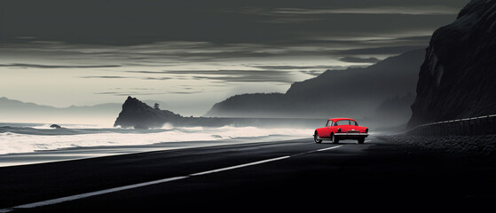 Black sand beach with road and red car on travel holiday.