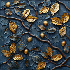 3d relief of leaves and gold berries on dark blue background