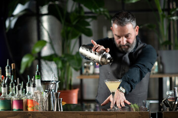 Barman Expertly Pours Ginger Apple Vermouth Cocktail