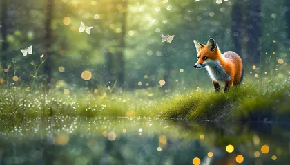 Tuinposter Misty forest  butterflies  water body  fox playing in the field  © Bounpaseuth