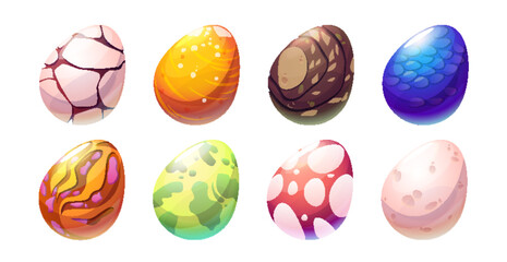 Egg dinosaur cartoon cute magic illustration set. Dragon or reptile monster isolated oval shell drawing for prehistoric fairytale game design. Spotted, cracked and green hatching nature exotic symbol