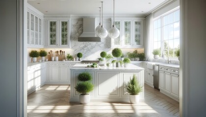 A bright and airy kitchen with white cabinets, marble countertops, stainless steel appliances, and a large island in the center with fresh herbs in po.