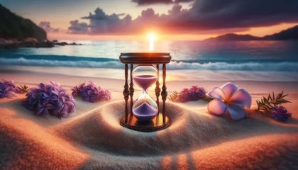  An hourglass nestled in soft beach sand with a sunset over the ocean in the background. © FantasyLand86