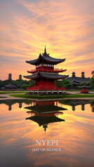 Fototapeta premium nyepi day of silence background illustration with temple sunset