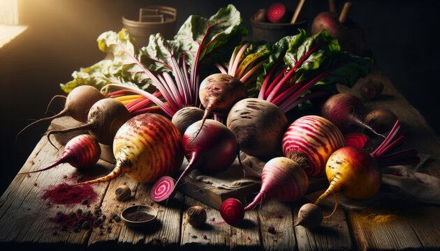 A close-up, highly detailed image of various types of beetroot (red, golden, candy-striped) arranged on a rustic wooden table.
