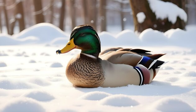 Wild duck in snow. Closeup, Wild nature - Image