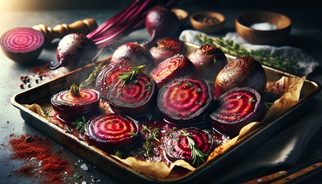 A highly detailed, medium shot image of roasted beetroots with herbs and spices, straight out of the oven, placed on a baking sheet.
