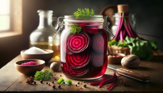 A highly detailed, medium shot image of pickled beetroots in a glass jar, with the focus on the rich, deep color of the beetroot slices inside.