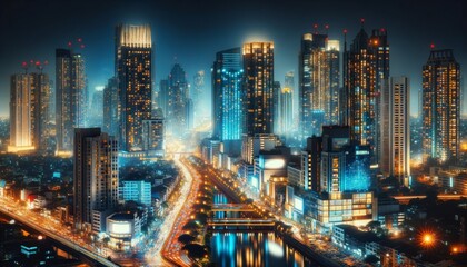 A vibrant cityscape at night, capturing the essence of urban life with towering skyscrapers, illuminated by countless lights.