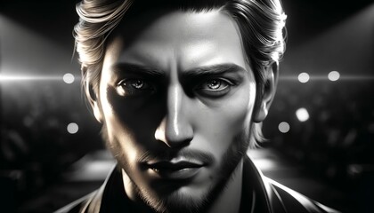 A detailed, high-quality digital portrait of a fictional character, emphasizing dramatic lighting and sharp contrasts.