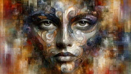 A detailed, high-quality mixed media abstract portrait, combining textures and patterns to form a compelling face.