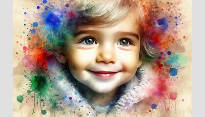 A detailed, high-quality watercolor painting of a young child's innocent, smiling face, surrounded by a splash of vibrant colors.