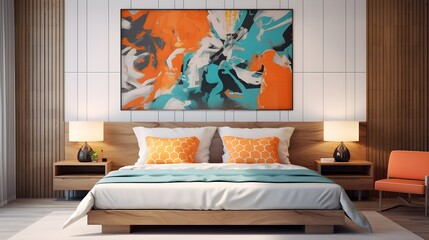bedroom interior with multi color design decorated with wooden frame photo artwork on feature wall, home design ideas concept