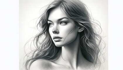 Naklejka premium A detailed, high-quality pencil sketch of a woman gazing into the distance, her hair softly blowing in the wind.