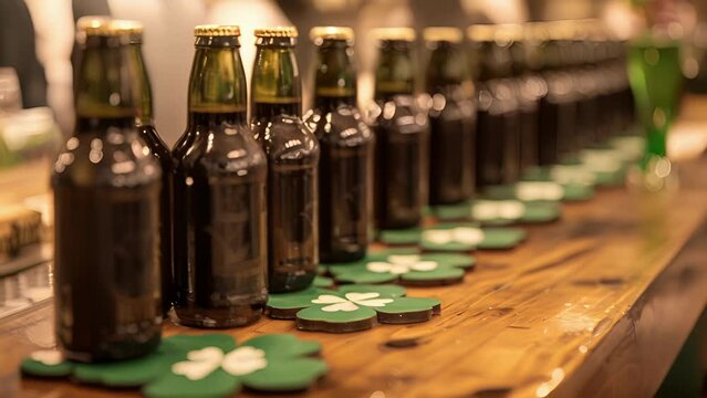 Bottles of Guinness a popular Irish stout lined up on a table adorned with shamrock coasters ready to be enjoyed during St. Patricks Day gatherings.