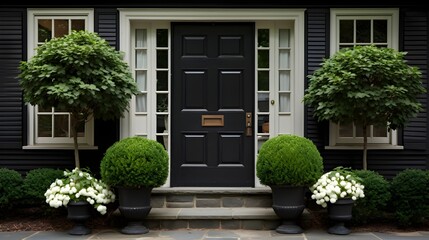 Black front door of a house adorned with gray potted plants