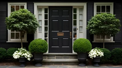 Photo sur Aluminium Vielles portes Black front door of a house adorned with gray potted plants