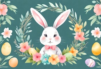 Happy Easter. Vector elegant trendy watercolor illustration of cute Easter bunny with floral...