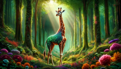 Imagine a giraffe standing majestically in a lush, vibrant forest. - obrazy, fototapety, plakaty