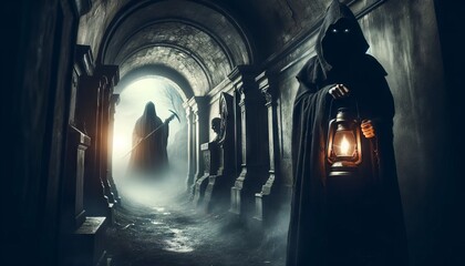 A cloaked figure holding a lantern, revealing just a glimpse of their grim face, stands at the entrance of a shadowy, foreboding crypt. - obrazy, fototapety, plakaty