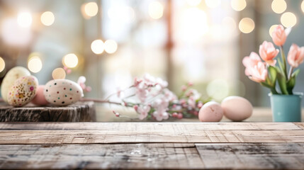 Easter Ambiance with Painted Eggs and Tulips on Rustic Wooden Table.