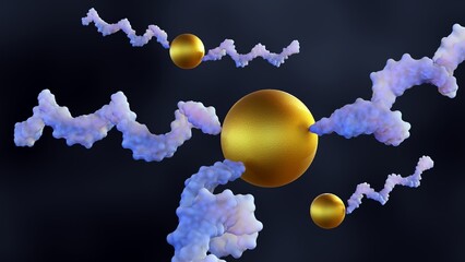 3d rendering of gold nanoparticles (AuNPs) can be used to deliver nucleic acids, such as RNA, and have unique properties for biodetection.