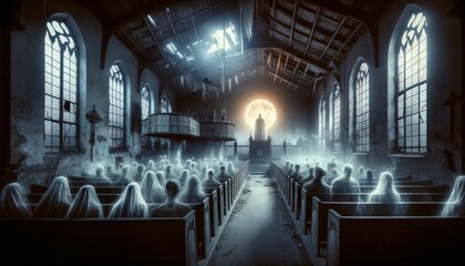 An eerie, abandoned chapel at night, with ghostly figures silently seated in the pews and a spectral entity preaching from the pulpit.