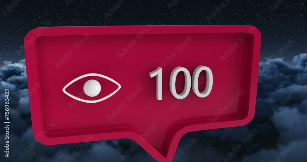 Poster image of eye icon with numbers on speech bubble over sky and clouds