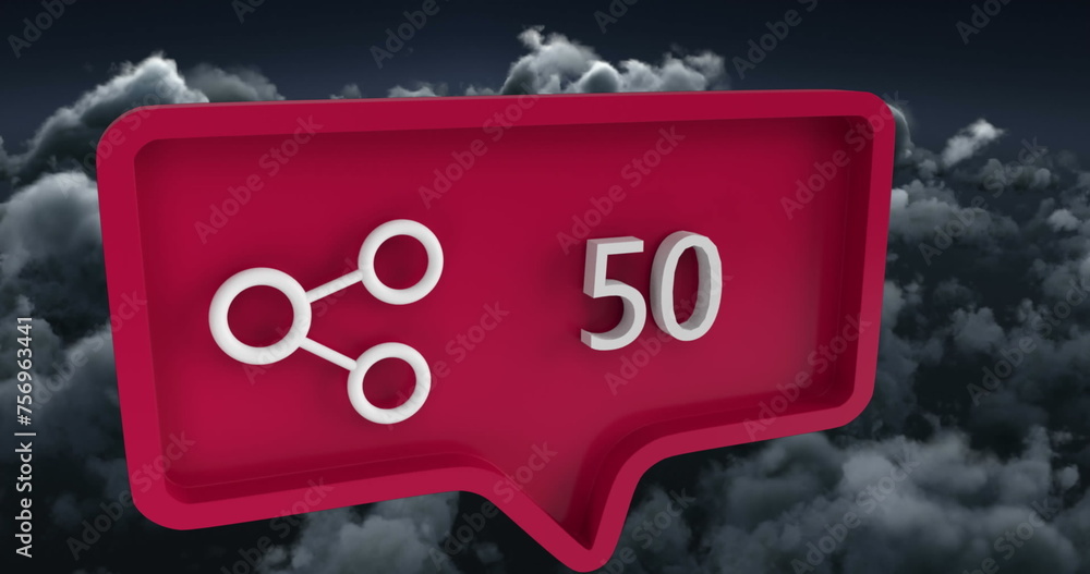 Poster image of share icon with numbers on speech bubble over sky and clouds