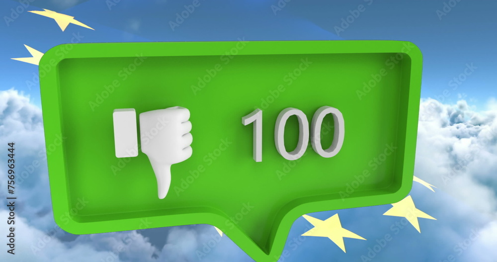 Poster Image of unlike icon with numbers on speech bubble with european union flag and clouds