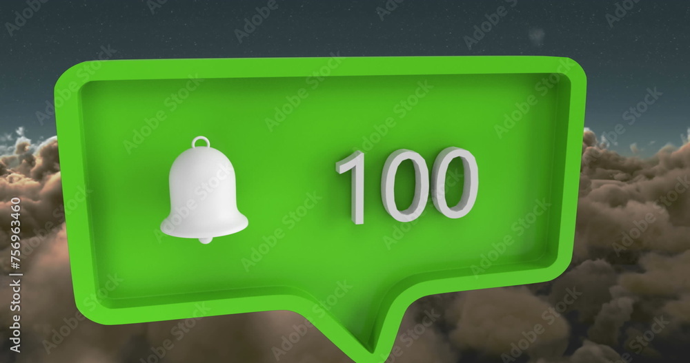 Poster image of alert icon with numbers on speech bubble over sky and clouds