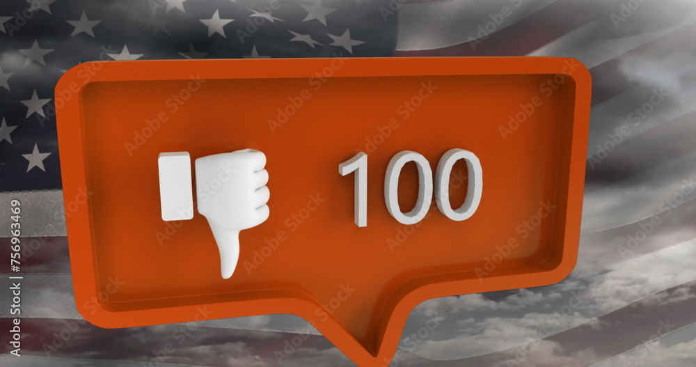 Poster image of unlike icon with numbers on speech bubble with flag of usa