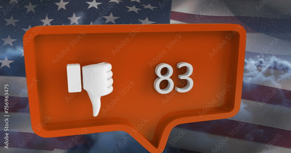 Poster image of unlike icon with numbers on speech bubble with flag of usa