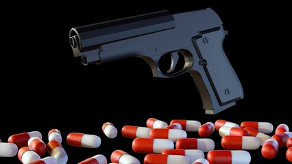3d rendering of drugs capsule and gun