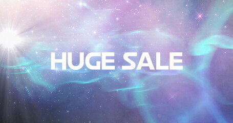 Image of huge sale text in white over glowing blue to purple background