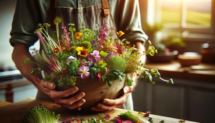 A person holding a rustic wooden bowl filled with a colorful mix of edible flowers and microgreens. - Powered by Adobe