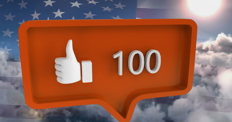Image of like icon with numbers on speech bubble with flag of usa