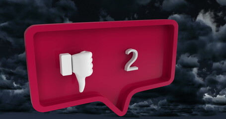 Image of unlike icon with numbers on speech bubble over sky and clouds