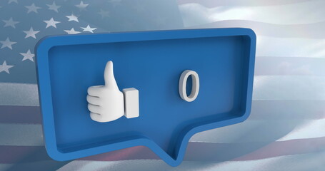 Image of like icon with numbers on speech bubble with flag of usa