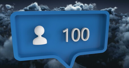 Image of people icon with numbers on speech bubble over sky and clouds