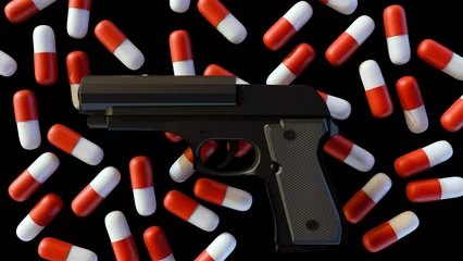 Foto op Aluminium 3d rendering of drugs capsule and gun © Love Employee